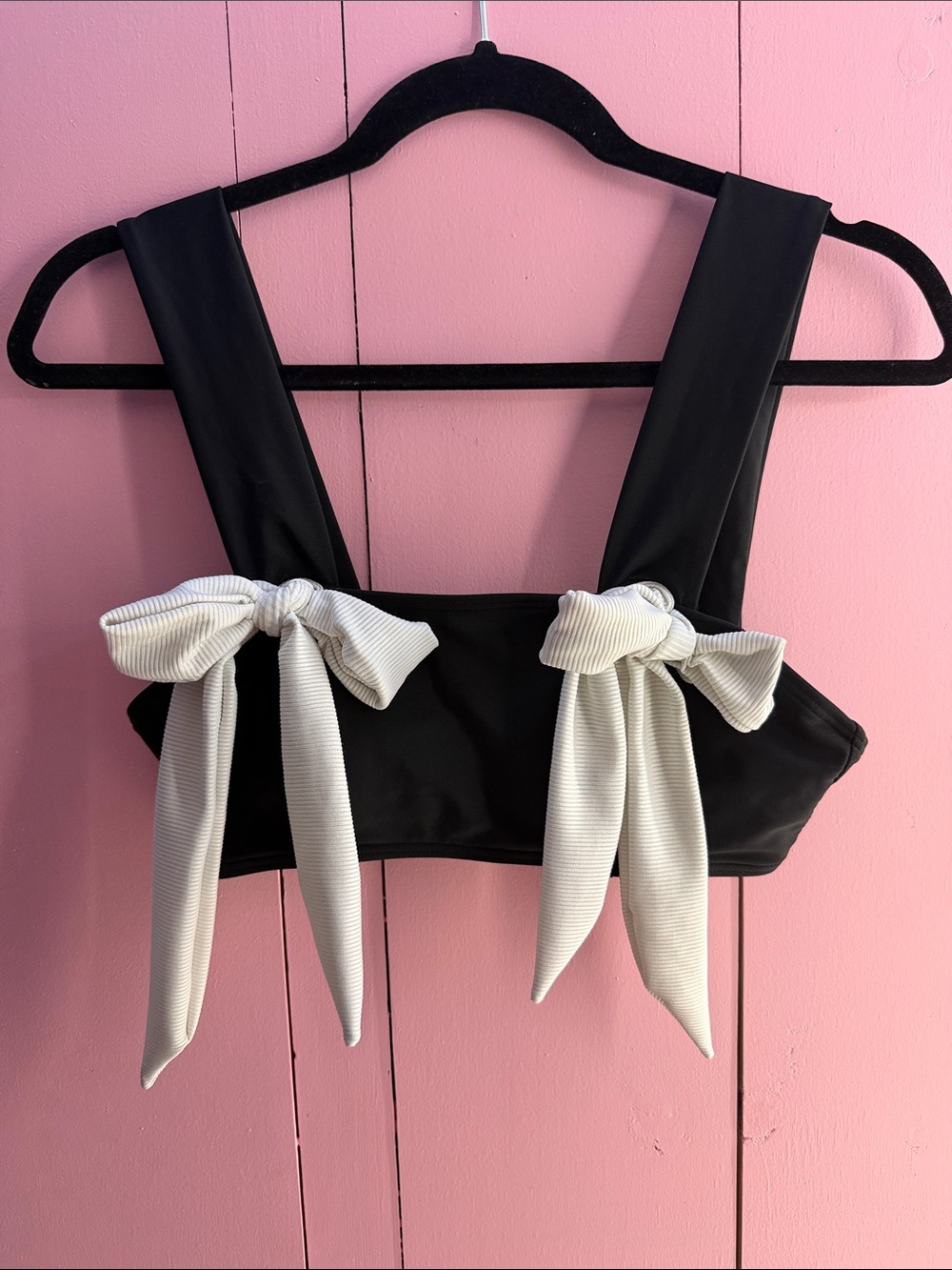 Black Bikini Top with White Bow Shoulder Straps